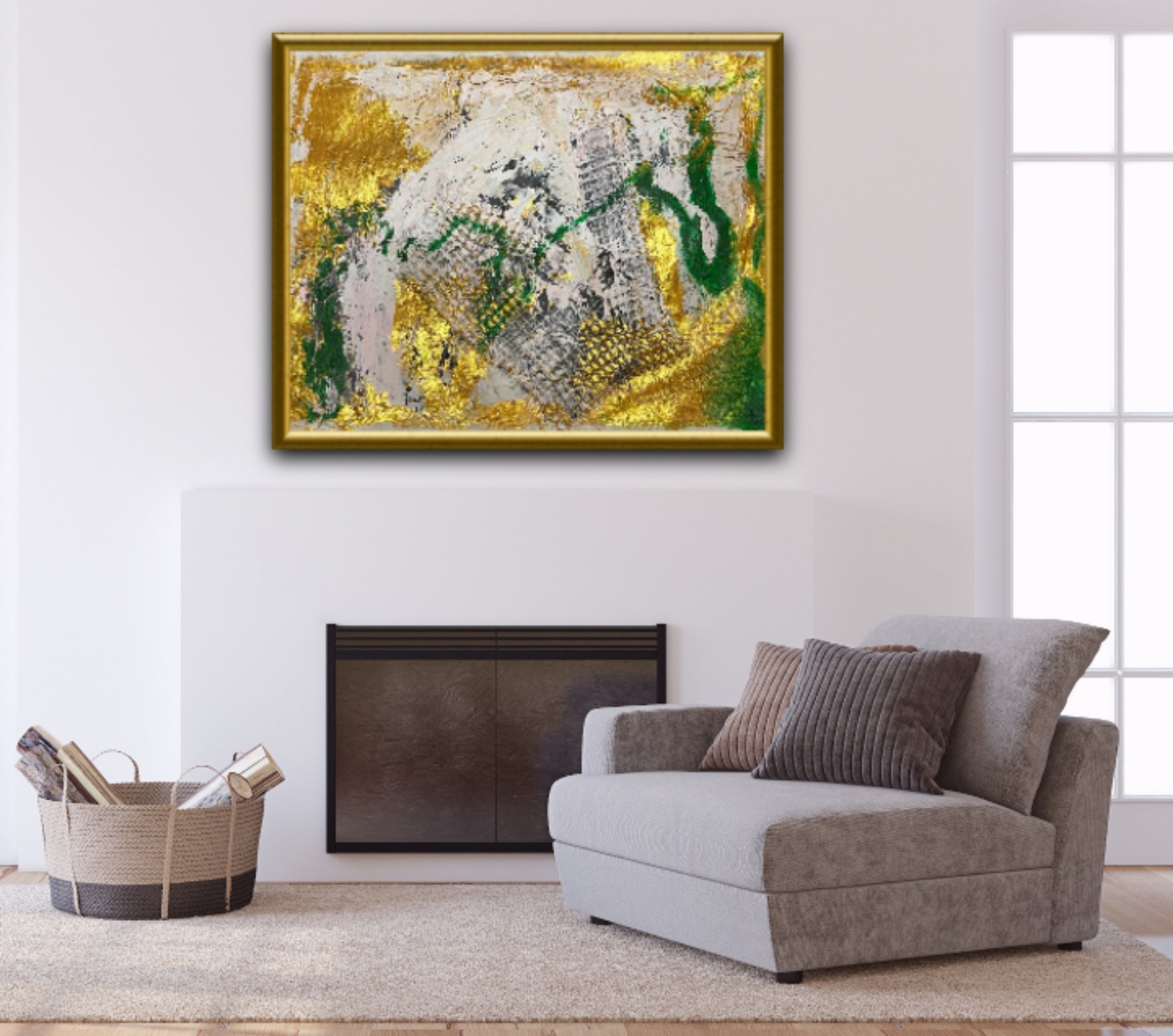 Large modern wall art green and gold | Mix media art | 20 x17 inches | Nenyasha Cherish Arts