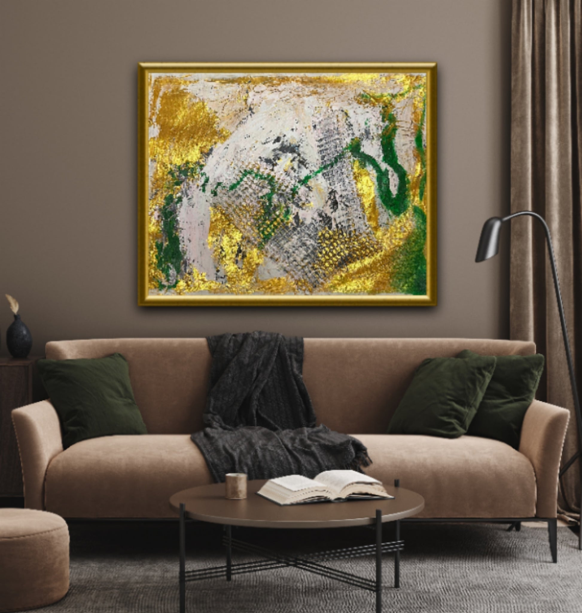 Large modern wall art green and gold | Mix media art | 20 x17 inches | Nenyasha Cherish Arts