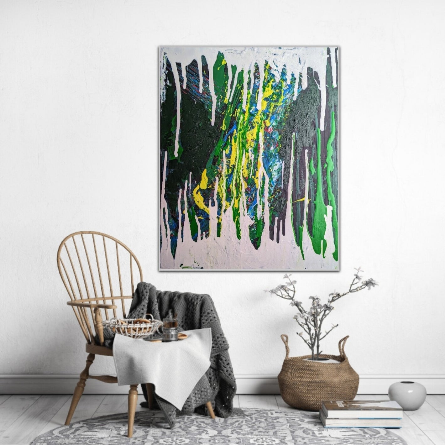 Vibrant Abstract Acrylic Painting on Canvas - Modern Home Wall Decor" "Large Colorful Contemporary Art - Handpainted Wall Hanging" "Unique Dripping Paint Artwork - Blue Yellow Green Black Decor" | Nenyasha Cherish Arts