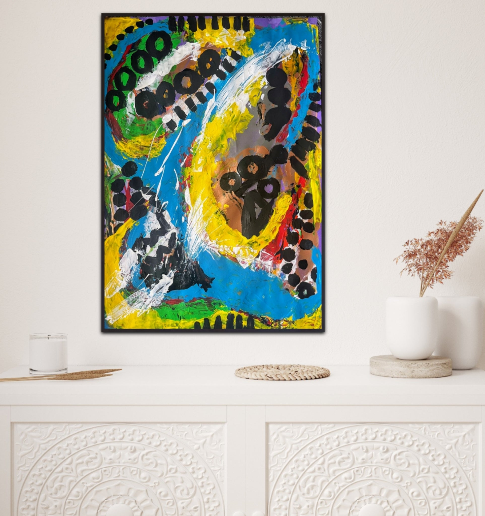 Abstract Fusion: Yellow, Blue, and Black - Dynamic Mixed Media Artwork" Decor -Frames | Nenyasha Cherish Arts